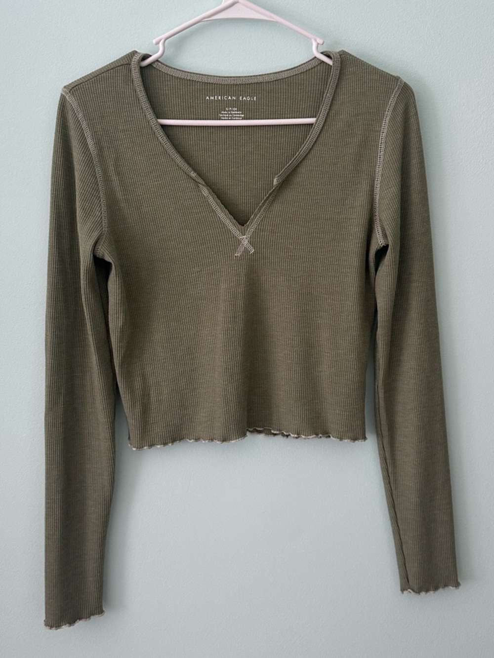 American Eagle Outfitters Olive Waffle V-Neck Long Sleeve Top